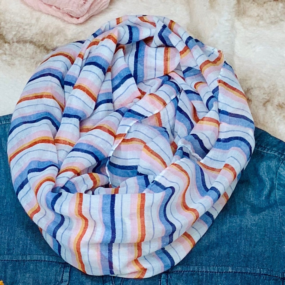 PREPPY Striped Infinity Scarf Head Wrap + Hair Tie - White Blue & Orange Stripes